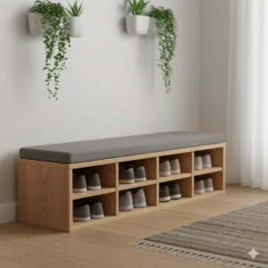 Sapateira multi uso com banco para sentar e guardar sapatos na entrada de casa.