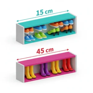 Comparativo visual entre a profundidade de uma sapateira basculante (estreita) e uma sapateira vertical padrão.