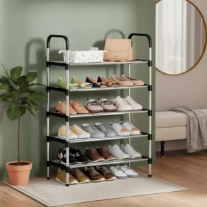 Rack sapateira organizadora de inox e prateleiras para uso discreto no hall de entrada de apartamento.